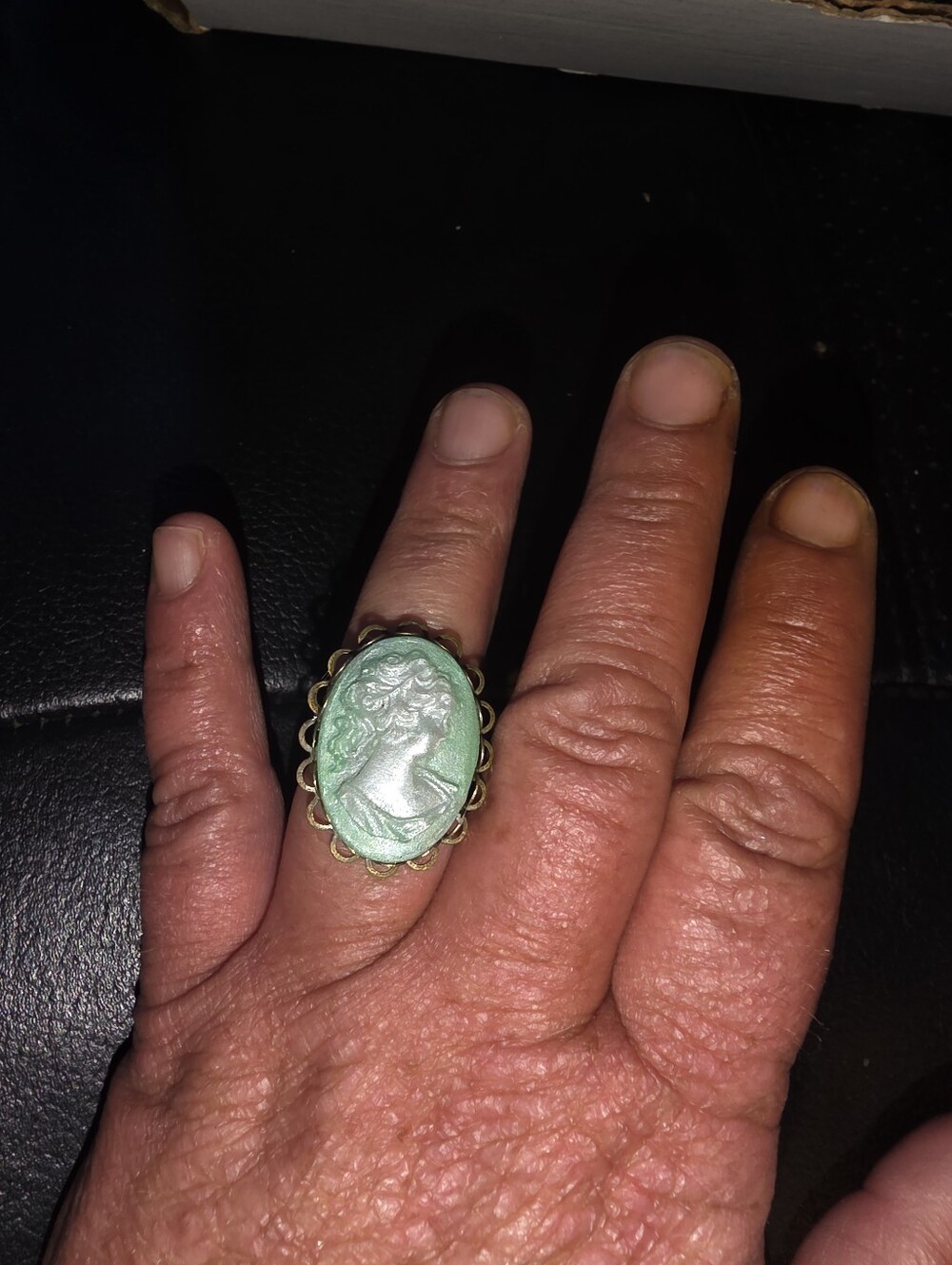 Mint Green Classy Cameo In Bronze Tone Bezel Handmade Adjustable Ring